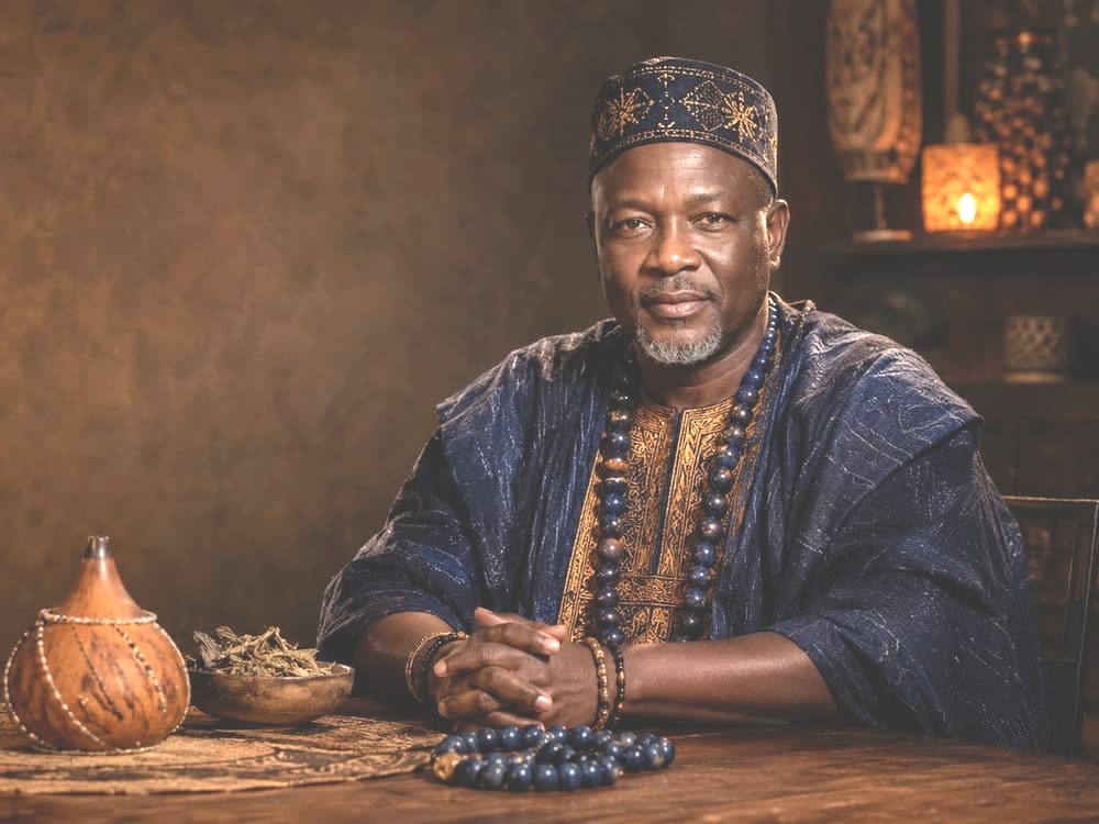 Un homme en boubou bleu brodé et toque assortie, les mains jointes sur une table où reposent un chapelet de perles, une calebasse et une coupelle d’herbes